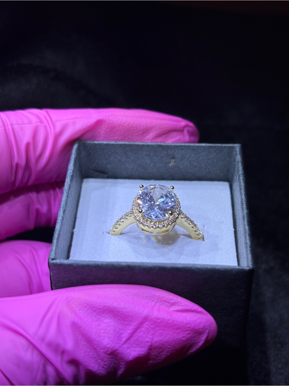 Yellow Gold AAA CZ Oval-Cut Halo Solitaire Ring Size 7 - Picture 8 of 15